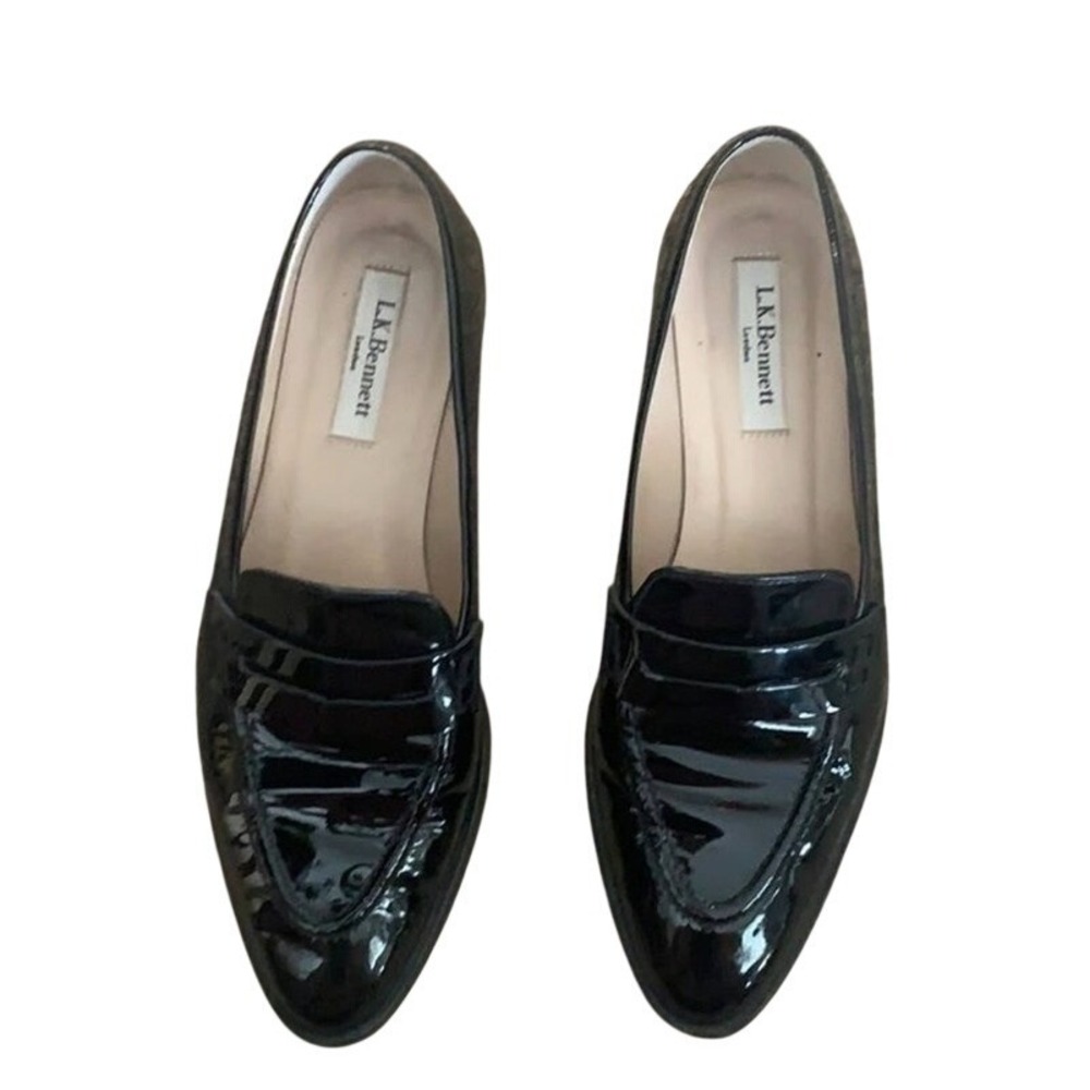 Vintage LK Bennett London Women Black Patent Leather Almond Old Money Loafers - Picture 1 of 3